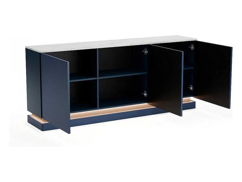 PASCAL MORABITO Aparador 3 Portas Com Leds Em Mdf Azul E Efeito Marmore Branco - Devika De * Aparador