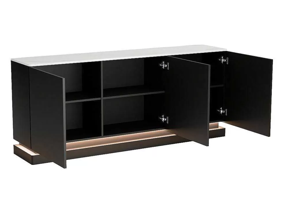 PASCAL MORABITO Aparador 3 Portas Com Leds Em Mdf Preto E Efeito Marmore Branco - Devika De * Aparador