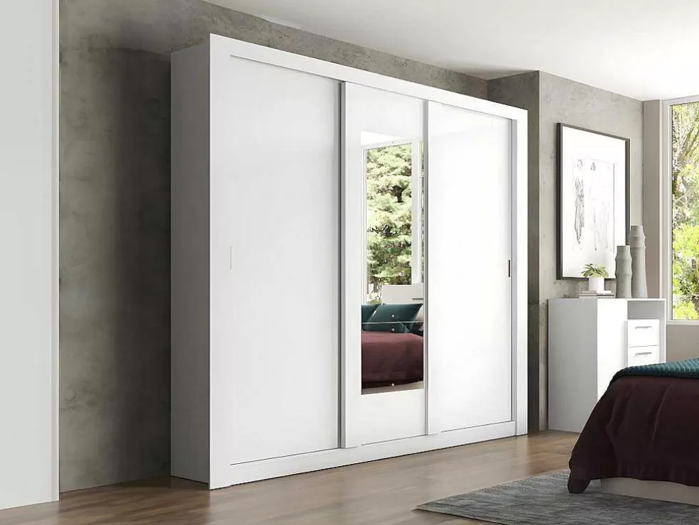 Vente-unique Armário Com Espelho Roxane - 3 Portas De Correr - C. 220 Cm - Branco* Armário E Roupeiro