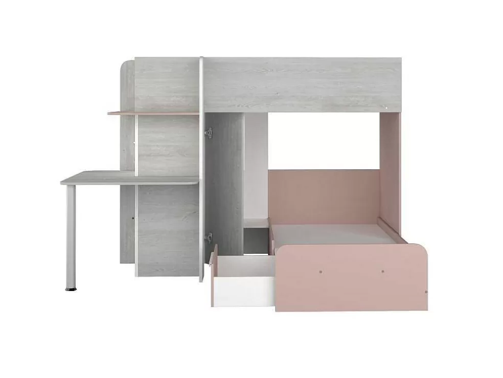 Vente-unique Beliche 2 X 90 X 190 Cm, Com Secretária, Cinzento, Branco E Cor-De-Rosa - Samuel* Beliche