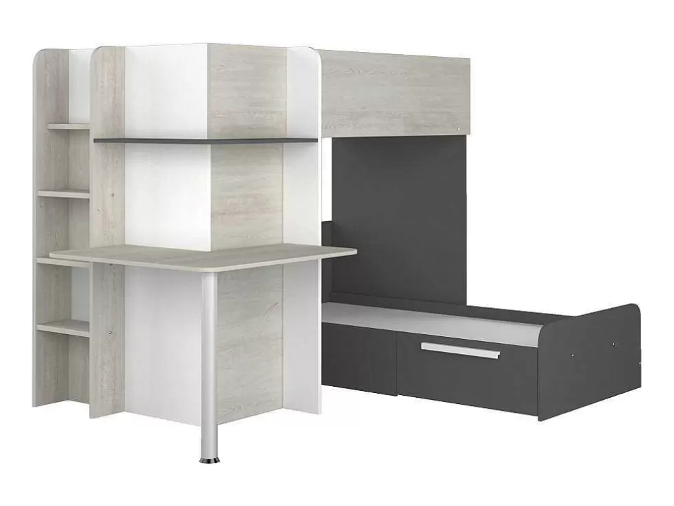 Vente-unique Beliche 2 X 90 X 190 Cm Com Secretária Cinzento, Branco E Preto + Colchão - Samuel* Beliche
