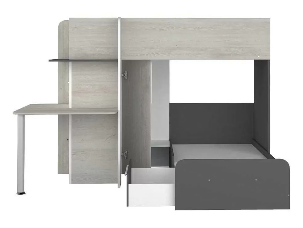 Vente-unique Beliche 2 X 90 X 190 Cm Com Secretária Cinzento, Branco E Preto + Colchão - Samuel* Beliche