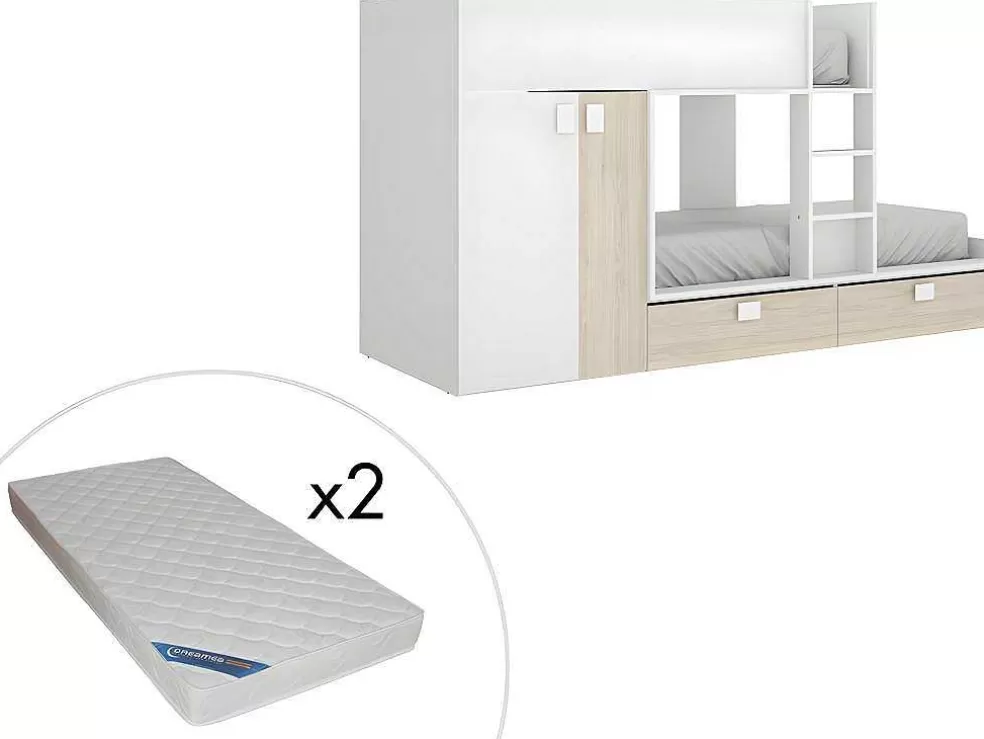 Vente-unique Beliche Com Armário Integrado De 2 X 90 X 190 Cm Cor Branco E Natural + Colchão - Juanito* Beliche
