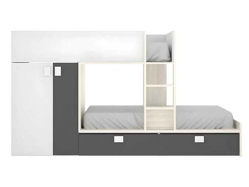 Vente-unique Beliche Com Armário Integrado De 2 X 90 X 190 Cm Cor Branco, Natural E Antracite - Juanito* Beliche