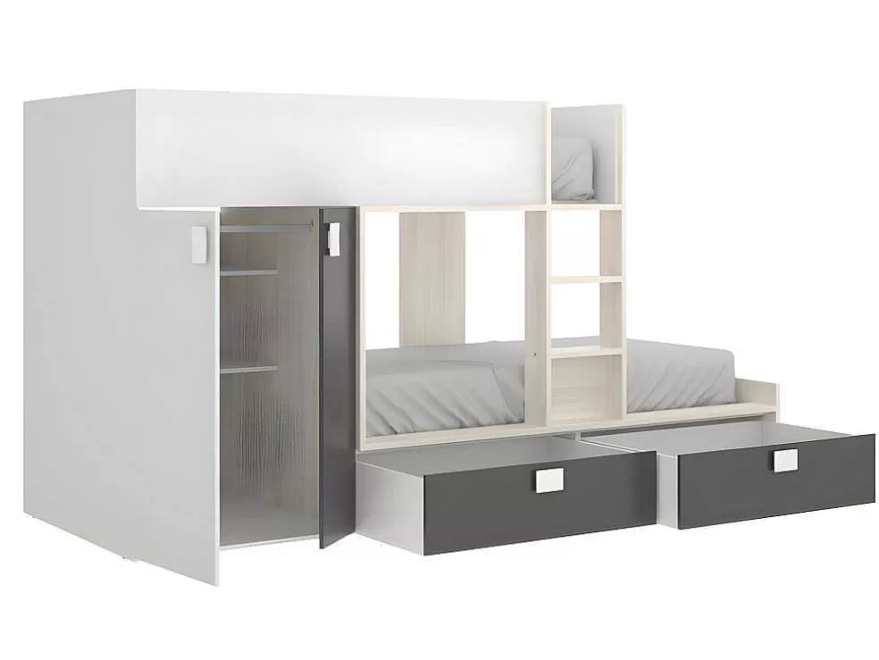 Vente-unique Beliche Com Armário Integrado De 2 X 90 X 190 Cm Cor Branco, Natural E Antracite - Juanito* Beliche