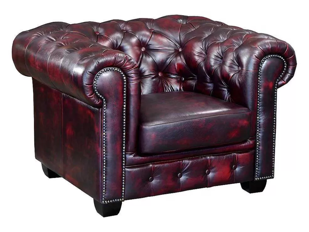 LINEA Sofá Cadeirão 100% Pele De Bufalo Cereja Estilo Chesterfield - Brenton* Poltrona Em Pele