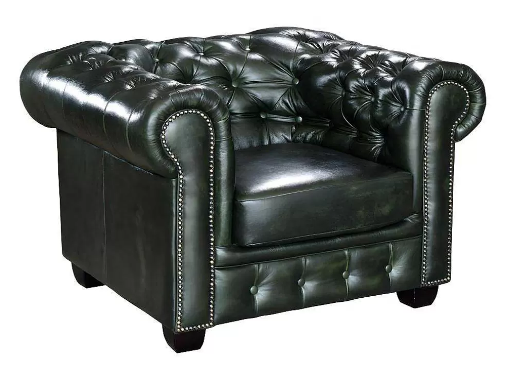 LINEA Sofá Cadeirão 100% Pele De Bufalo Verde Imperial Estilo Chesterfield - Brenton* Poltrona Em Pele