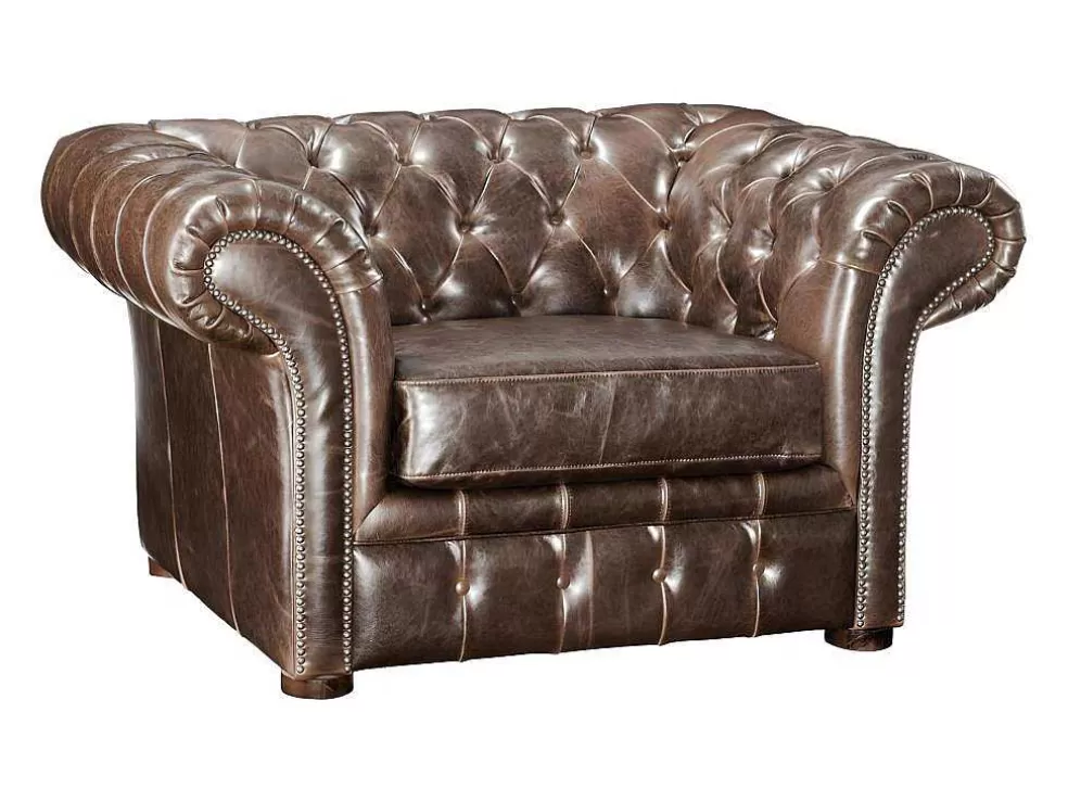 Vente-unique Cadeirão 100% Pele Envelhecida Castanho Estilo Chesterfield - Clotaire* Poltrona Em Pele