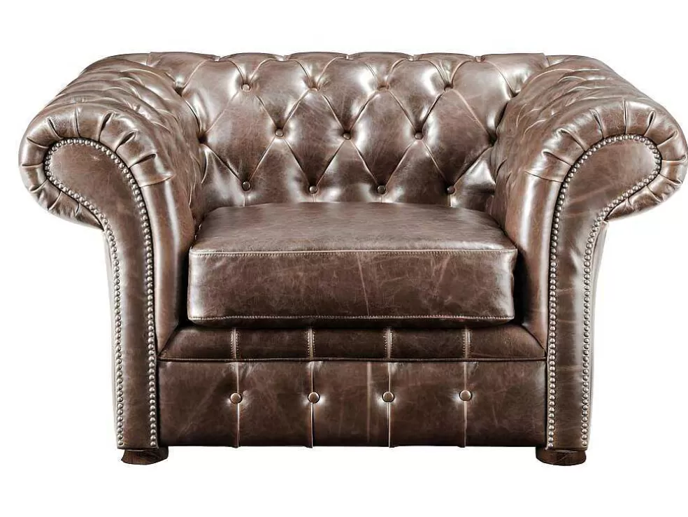 Vente-unique Cadeirão 100% Pele Envelhecida Castanho Estilo Chesterfield - Clotaire* Poltrona Em Pele