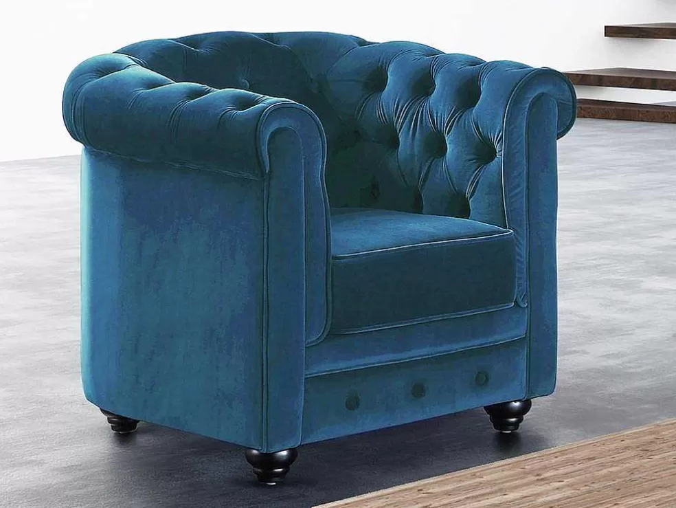 Vente-unique Cadeirão Chesterfield - Veludo Azul Esverdeado* Poltrona Em Veludo