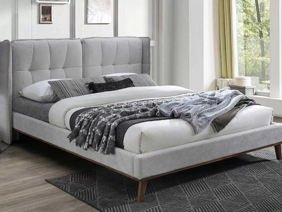 Vente-unique Cama 140 X 200 Cm Com Cabeceira De Cama Acolchoada Linho Cinzento-Claro - Kerano* Cama De Adulto