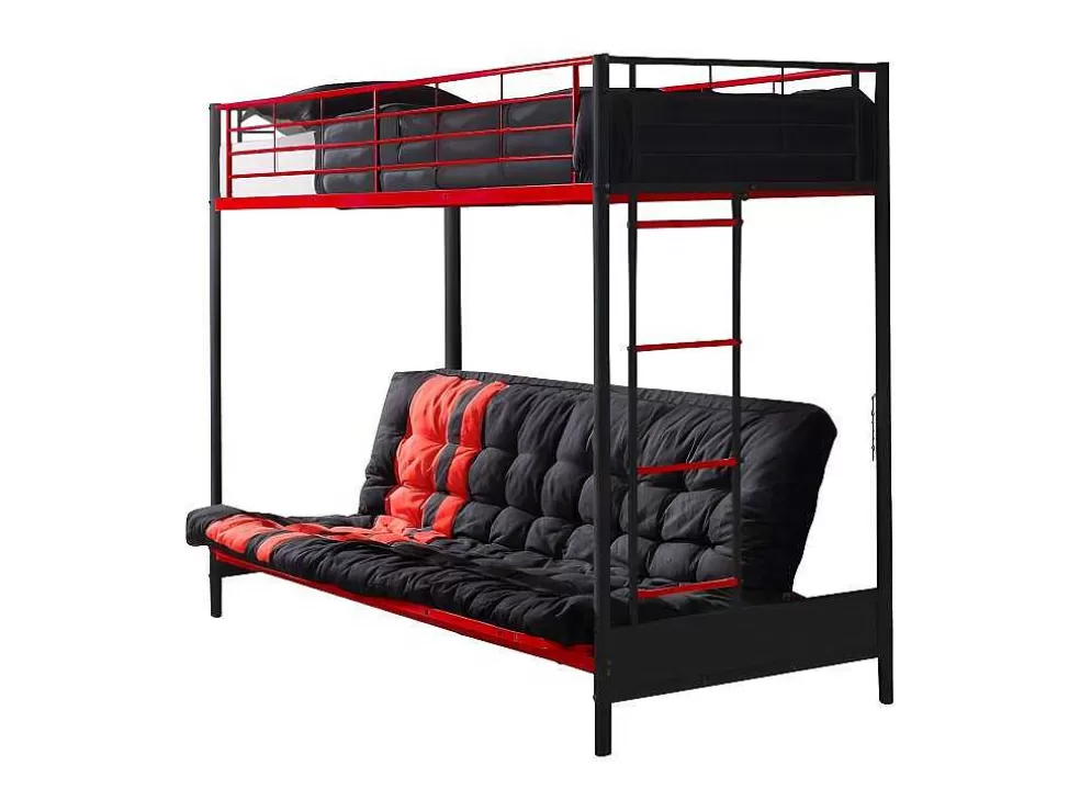 Vente-unique Cama Alta 90 X 190 Cm Com Banco Convertivel Em Metal Preto E Vermelho E Futon - Modulo V* Cama Alta