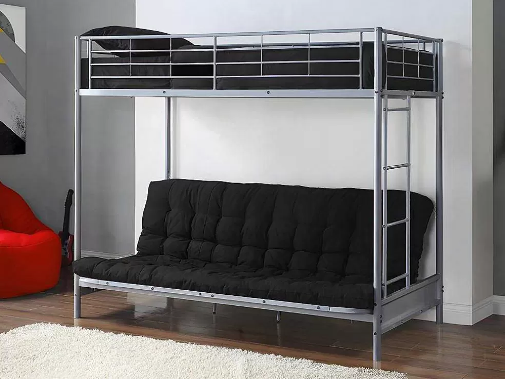 Vente-unique Cama Alta 90 X 190 Cm Com Banco Convertivel Metal Prateado + Futon Preto - Modulo V* Cama Alta