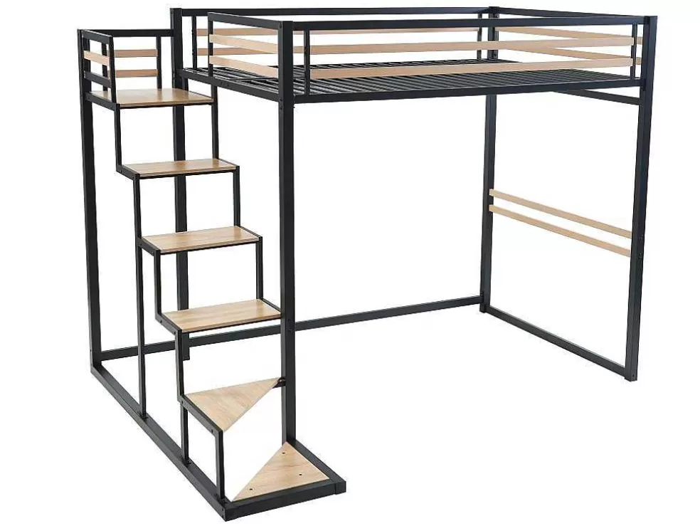 Vente-unique Cama Alta 140 X 200 Cm Metal E Mdf Preto E Carvalho + Colchão + Edredão + Almofadas - Jogui* Cama Alta