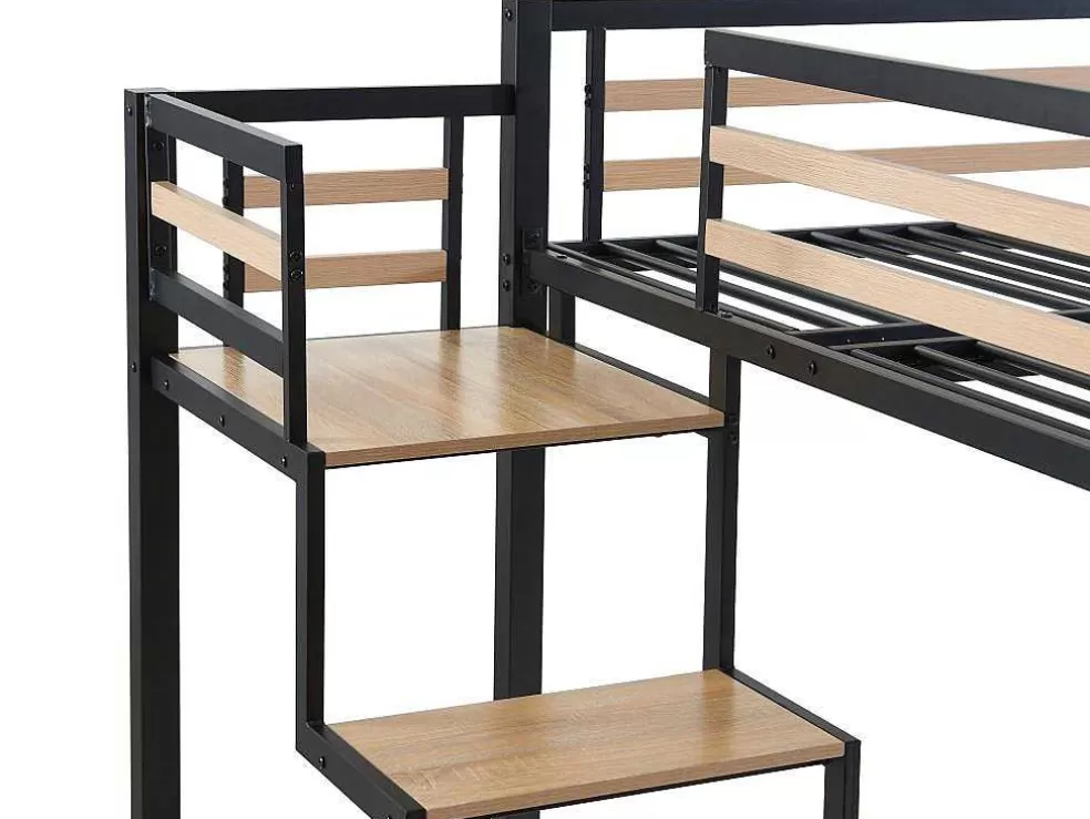 Vente-unique Cama Alta 140 X 200 Cm Metal E Mdf Preto E Natural + Colchão - Jogui* Cama Alta