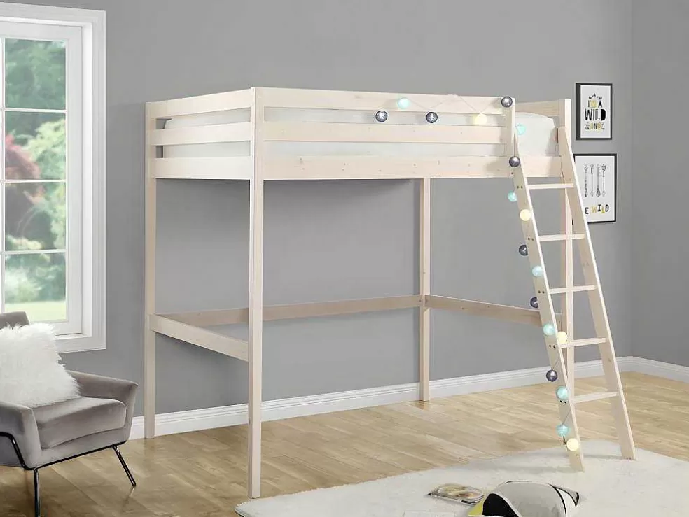 Vente-unique Cama Alta 140X190 Cm Em Pinho Macico Branqueado - Gedeon Ii* Cama Alta