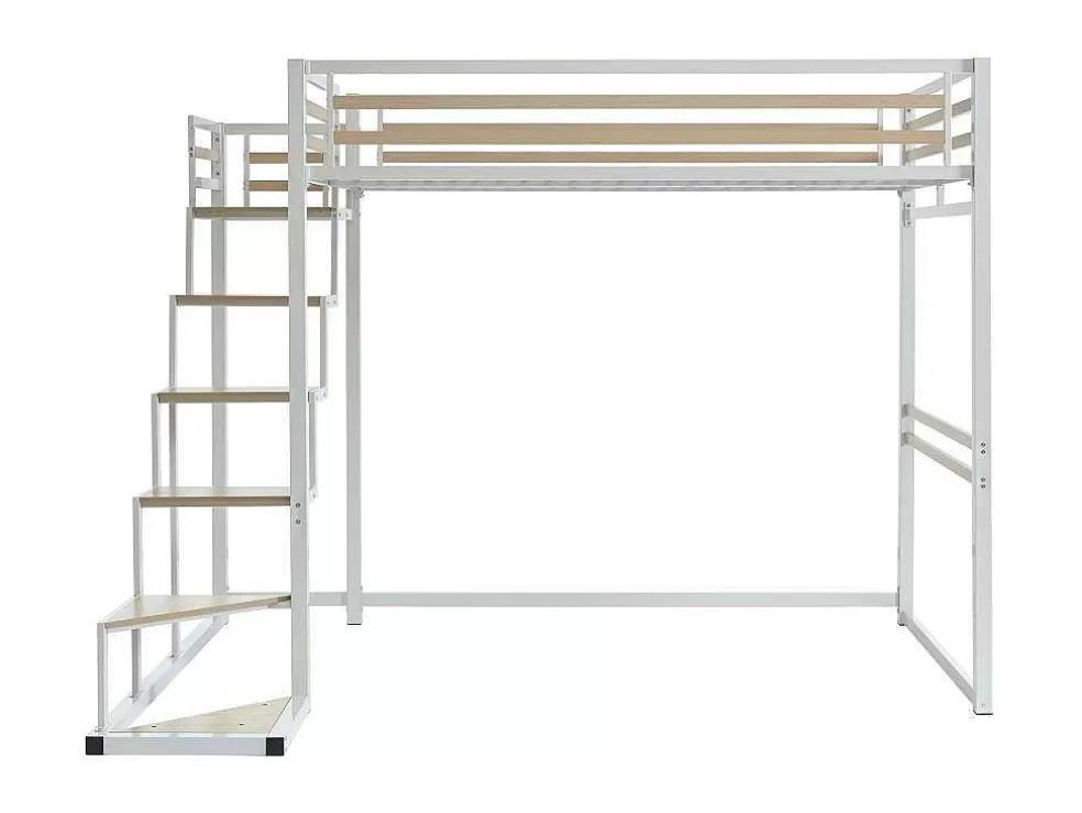 Vente-unique Cama Alta 140X200 Cm Metal E Mdf Branco + Colchão - Jogui* Cama Alta