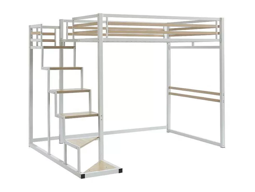 Vente-unique Cama Alta 140X200 Cm Metal E Mdf Branco + Colchão - Jogui* Cama Alta