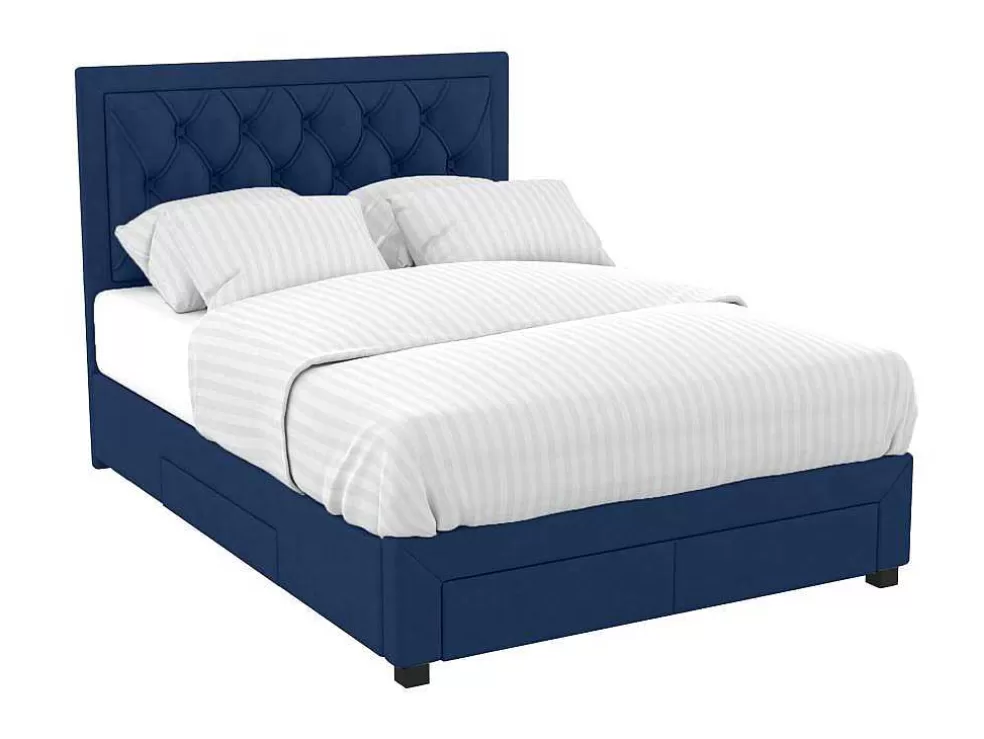 Vente-unique Cama Com Gavetas - Veludo Azul - 160 X 200 Cm - Leopold* Cama De Adulto