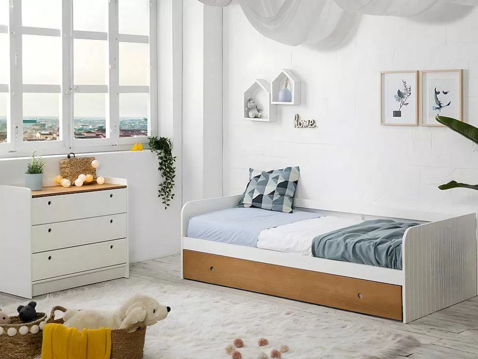 Vente-unique Cama Dupla Banco 2X90X190 Cm Mdf Branco E Cerejeira + Colchões - Juliette* Cama Dupla