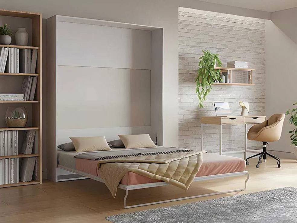 Vente-unique Cama Rebatível 160 X 200 Cm Abertura Vertical Manual Branco + Colchão - Malina Ii* Cama De Adulto