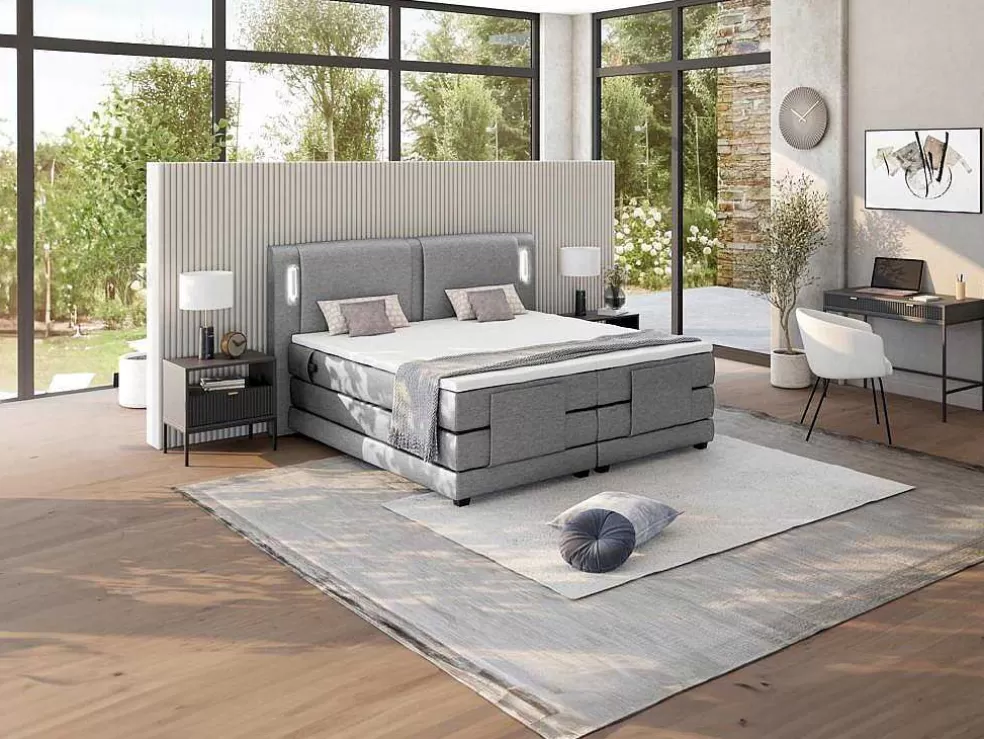 Palacio Conjunto Boxspring Cabeceira De Cama Com Leds + Sommier Articulado Eletrico + Colchão + Sobrecolchão 2 X 90 X 200 Cm Tecido Cinzento - Astemi Da * Cama De Adulto