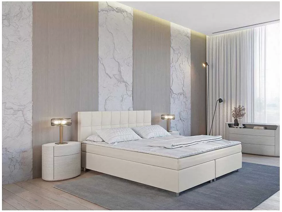 Ysmée Conjunto Boxspring Completo Cabeceira + Sommiers + Colchão + Sobrecolchão Siero Da Ysmee - 160X 200 Cm - Tecido - Marfim* Cama Boxspring, Cama Continental