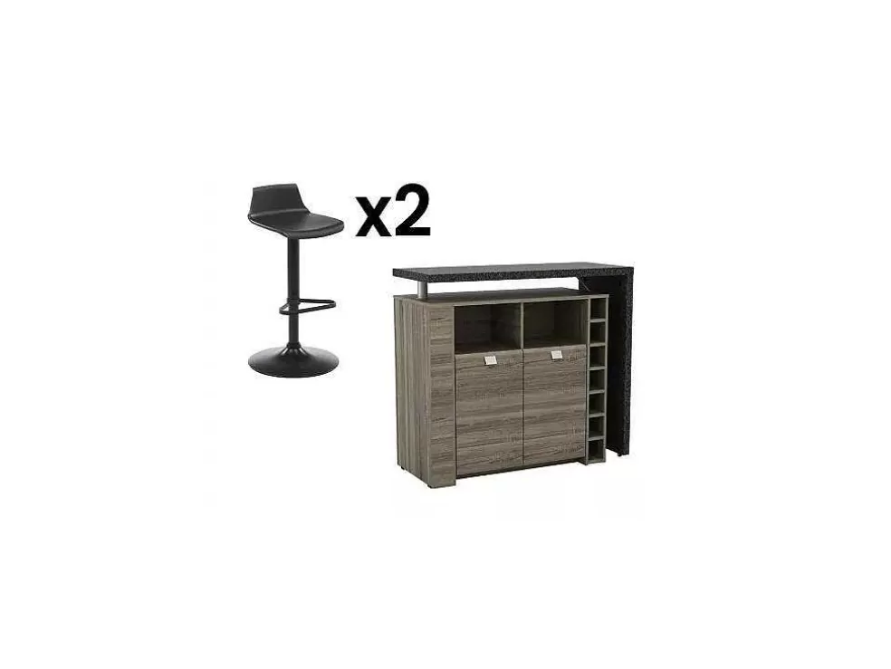 Vente-unique Conjunto "Comer Em Pe": Móvel De Bar Meteorite + 2 Bancos Altos Calas - Preto E Cinza* Móvel De Bar