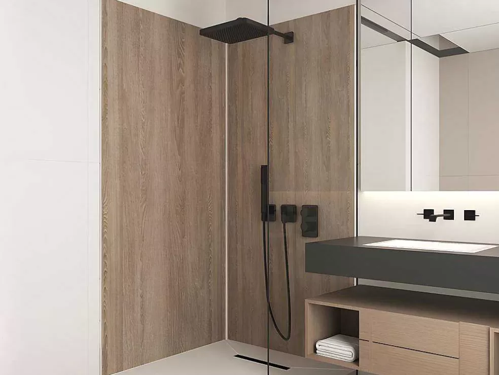 Shower & Design Conjunto De 2 Paineis De Parede De Duche Efeito De Madeira Aluminio Com Perfis 2 X L90 X A210 Cm - Eneko* Painel De Parede Para Duche