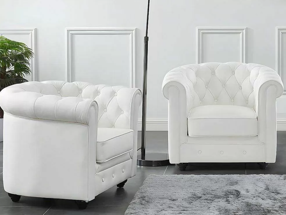 Vente-unique Conjunto De 2 Poltronas Em Pele De Bufalo - Branco - Chesterfield* Poltrona Em Pele