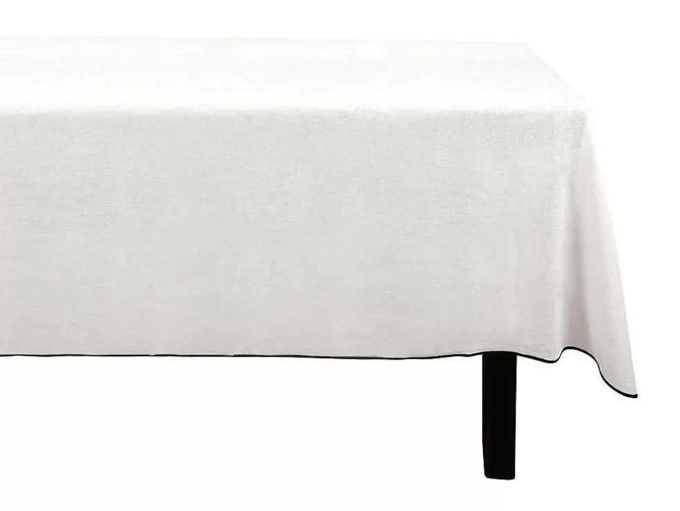 OZAIA Conjunto Toalha + 4 Guardanapos De Mesa Em Linho E Algodao, Borda Preta, Branco, 170 X 300 Cm - Borina* Têxteis De Mesa