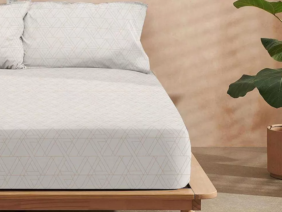 Purline Drap Housse 100% Coton 1 Piece Beige A Triangles 160X200* Roupa De Cama