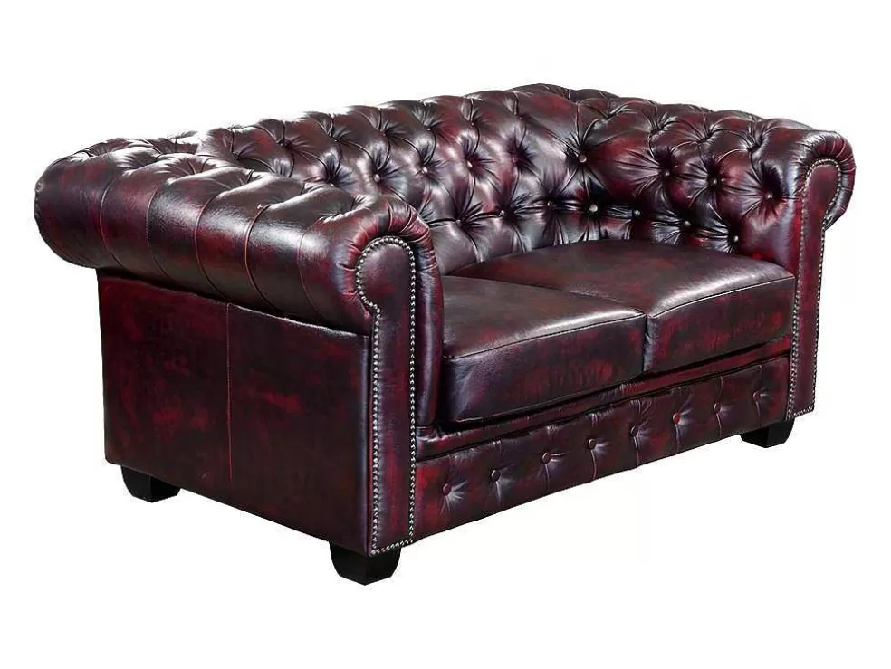 LINEA Sofá Sofá 2 Lugares 100% Pele De Bufalo Cereja Estilo Chesterfield - Brenton* Sofá De 2 Lugares