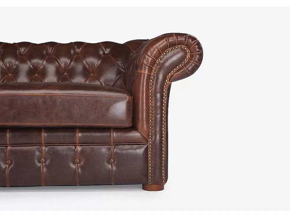 Vente-unique Sofá De 3 Lugares 100% Pele Envelhecida Castanho Estilo Chesterfield - Clotaire* Promoções Sofás & Poltronas