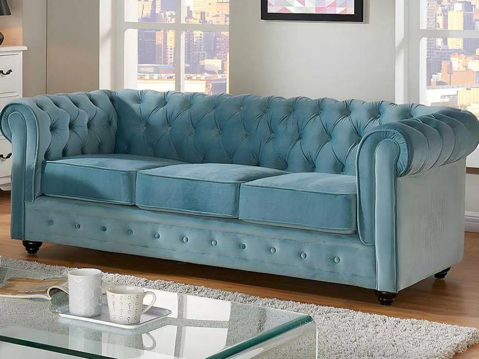 Vente-unique Sofá De 3 Lugares E 2 Cadeiroes Chesterfield - Veludo Azul Pastel* Conjunto Sofá E Poltrona