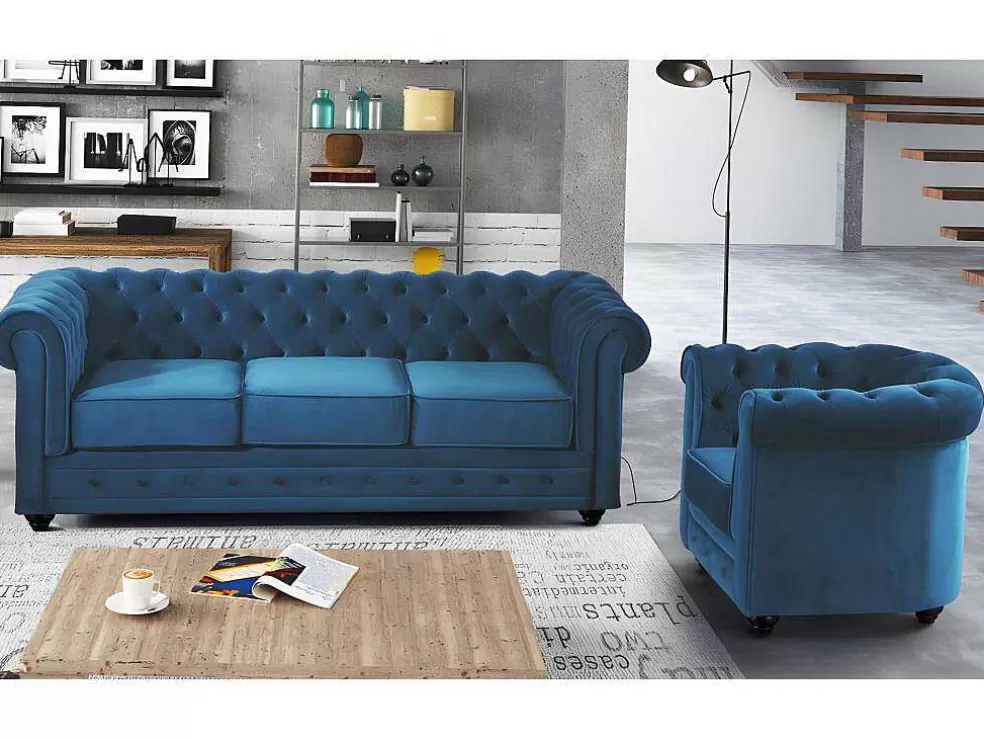 Vente-unique Sofá De 3 Lugares E Cadeirão Chesterfield - Veludo Azul Esverdeado* Conjunto Sofá E Poltrona