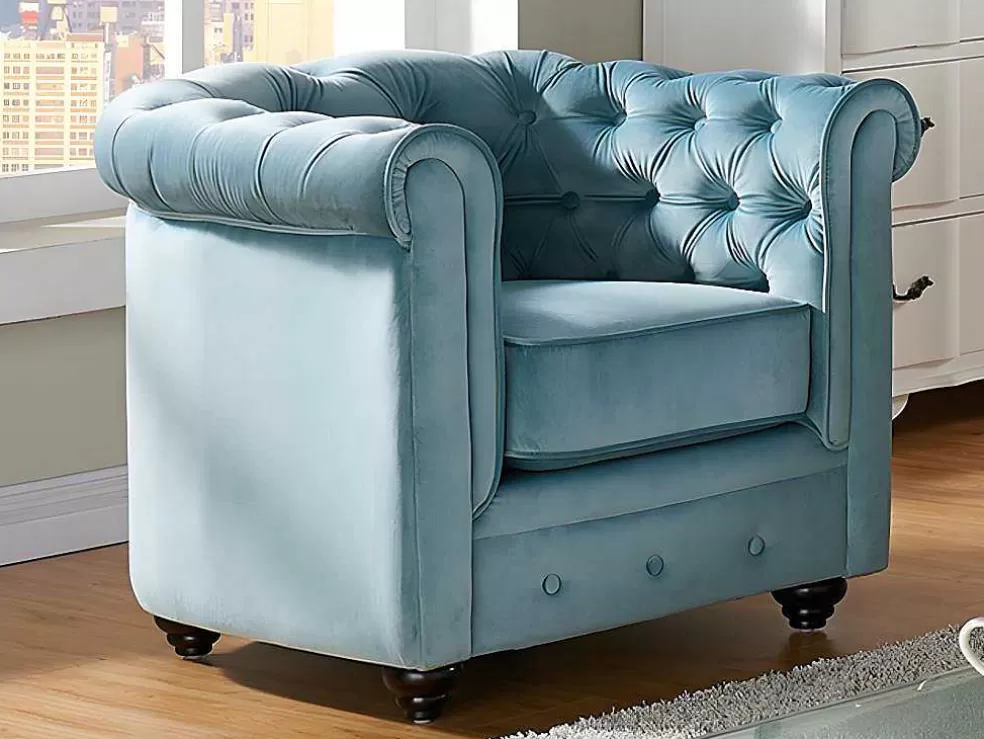 Vente-unique Sofá De 3 Lugares E Cadeirão Chesterfield - Veludo Azul Pastel* Conjunto Sofá E Poltrona