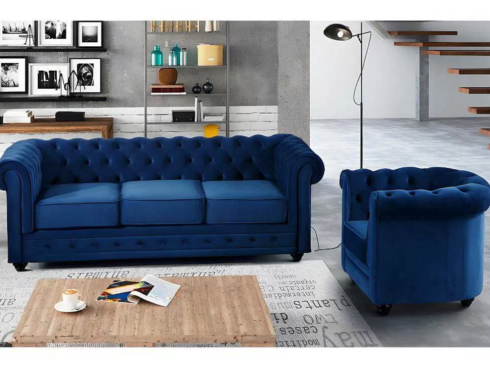 Vente-unique Sofá De 3 Lugares E Cadeirão Chesterfield - Veludo Azul Real* Conjunto Sofá E Poltrona