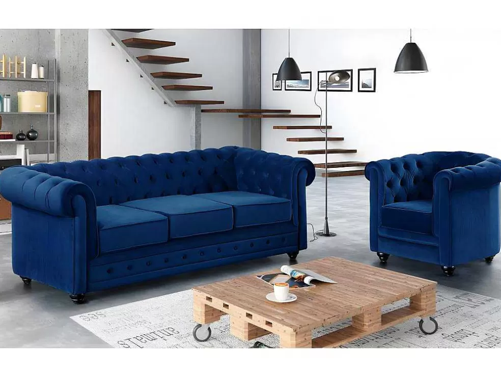 Vente-unique Sofá De 3 Lugares E Cadeirão Chesterfield - Veludo Azul Real* Conjunto Sofá E Poltrona