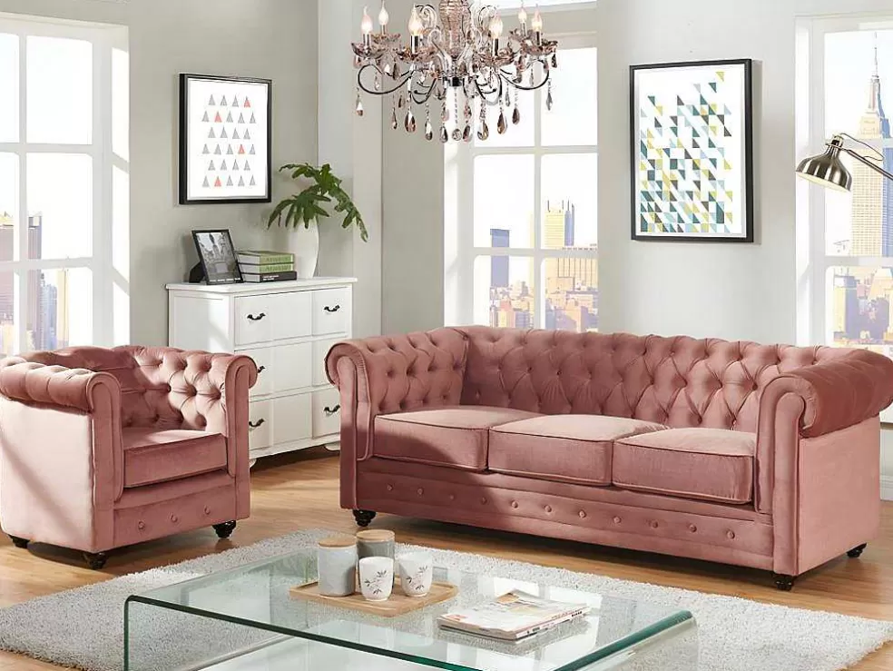 Vente-unique Sofá De 3 Lugares E Cadeirão Chesterfield - Veludo Rosa Pastel* Conjunto Sofá E Poltrona